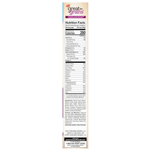 Great Grains 16 OZ Raisins Dates and Pecans Breakfast Cereal, Raisin Cereal with Sweet Dates and Granola Clusters
