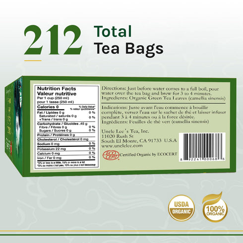 2-Pack, 106-Count Packs Uncle Lee's Organic Green Tea Bags Super Bright & Refreshing, Lightly Caffeinated Bulk Tea