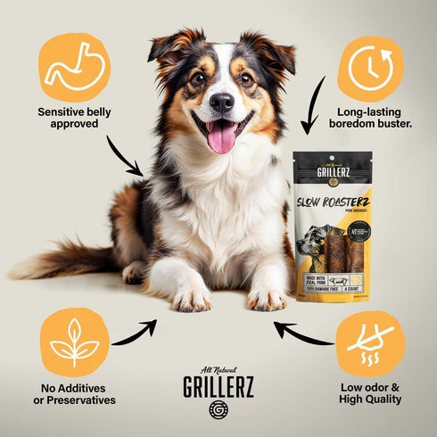 4 Count, 6 inch, Grillerz Slow Roasterz Pork Sausages, All Natural Dog Treat for All Breeds, Dog Chew for Healthy Teeth