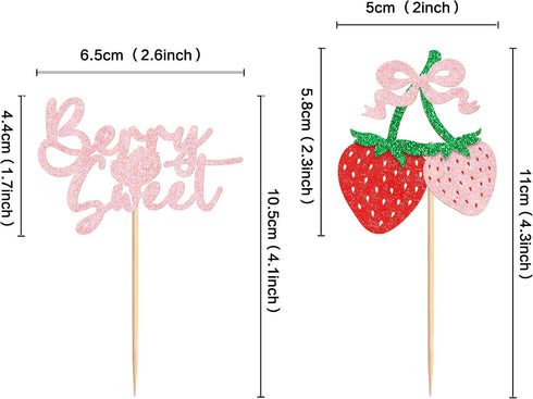 24 Pack Ercadio Strawberry Cupcake Toppers Glitter Bow Birthday Strawberry Cake Picks for Fruit Baby Shower Birthday