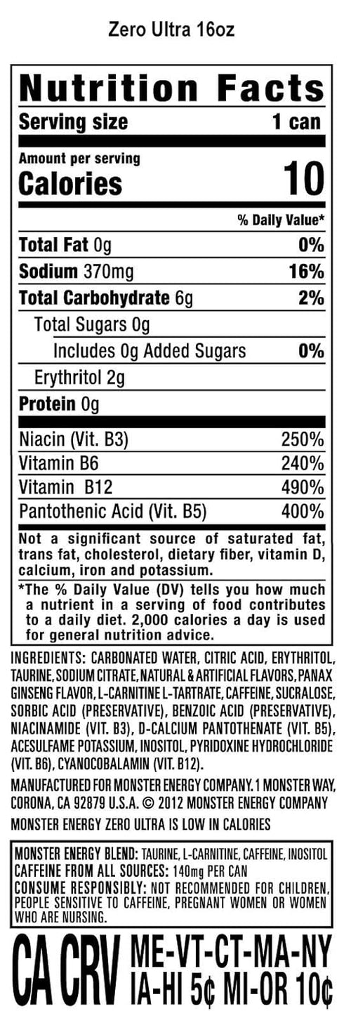 16 oz, 4 Pack Monster Energy, Zero Ultra, fl
