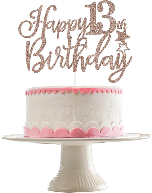 Happy 13th Birthday Cake Topper - Rose Gold Double-Sided Glitter Decorations for Girls