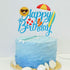 LINGBOOM Summer Beach Happy Birthday Cake Topper - Blue Glitter, 10.7*15 cm/4.2*5.9 inches for Birthday Occasion