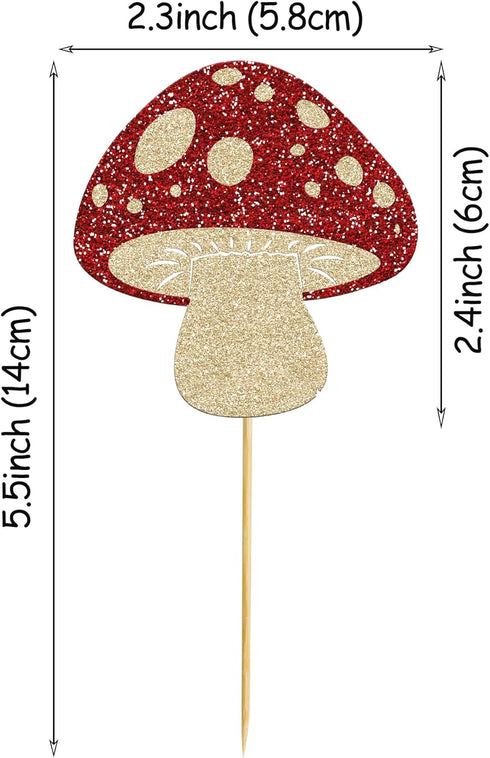 LcingTify 24 PCS Mushroom Cupcake Toppers Glitter Mushrooms Baby Shower Cupcake Picks Mushroom Birthday Decorations