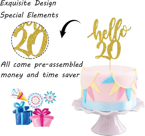 Hello 20 Cake Topper, 20th Birthday/Anniversary Party Decoration Supplies (Gold)