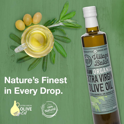 (16.9 oz, Village Batch Raw Organic Extra Virgin Olive Oil, Cold Pressed and Unfiltered EVOO, Authentic Greek Olive