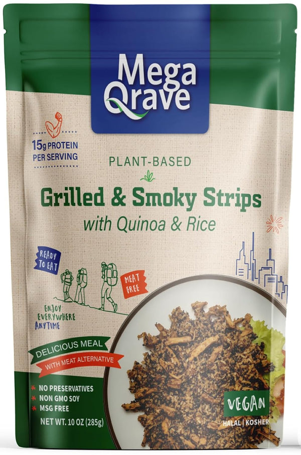 Mega Qrave Plant-Based Grilled & Smoky Strips with Quinoa & Rice, 10 oz Ready-to-Eat