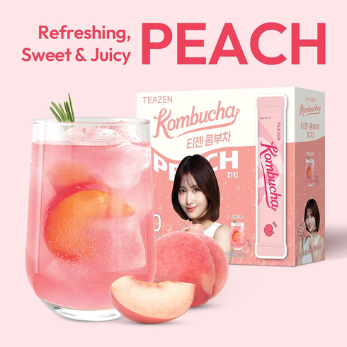 30 5.29oz TEAZEN Peach Kombucha Tea, Hydration Drink Mix, Sugar Free, Live Probiotics & Prebiotics, Sticks