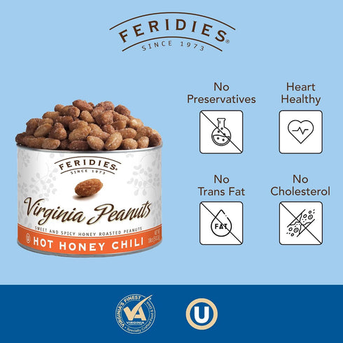 18oz FERIDIES Extra Large Hot Honey Chili Virginia Peanuts, Resealable Tin