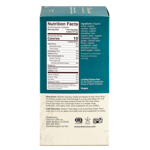 Teeccino Dandelion Red Chai Tea - Caffeine-Free Herbal Tea with Prebiotics, 25 Tea Bags, Gluten Free