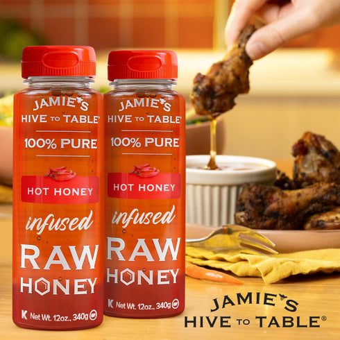 12 Oz 100% Jamie's Hive To Table Hot Honey, Natural Raw Honey Infused with Hot Pepper Gluten-Free, Non-GMO Spicy Kick