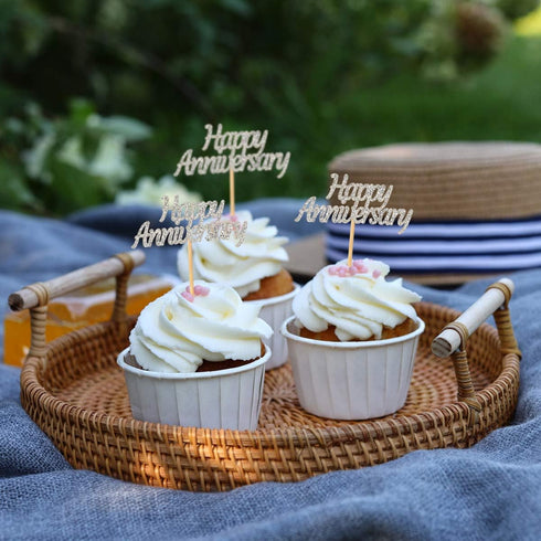48 Pcs Silver Happy Anniversary Cupcake Toppers, Picks for Anniversary Party Cake Decorations