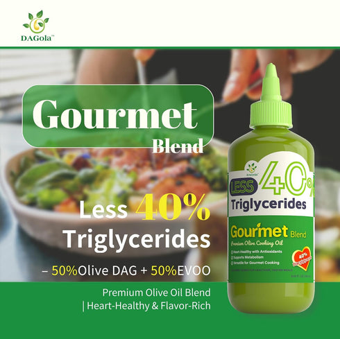 50% 50% 40% 250ml DAGola Gourmet Blend Olive Oil - Keto-Friendly, EVOO & Olive DAG, Less Triglycerides, Chef Bottle