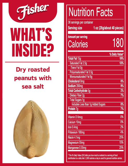 36 Fisher Snack Sea Salt Dry Roasted Peanuts, Ounces, No Artificial Colors or Flavors