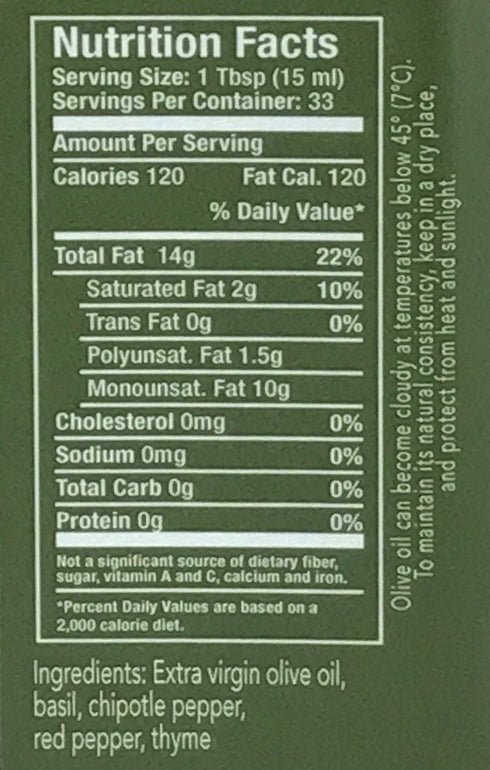 500 Ml (17 Oz) Chipotle Infused Extra Virgin Cold Pressed Olive Oil (Chipotle Pepper, Thyme, Red Pepper, Basil, Bay