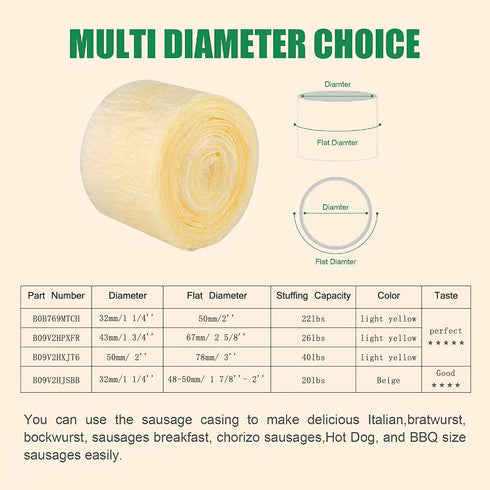 (8m/26ft),43mm Edible Drying Natural Sausage Casing, Sausage Casings for Flavorous Homemade Sausages Ham,Breakfast