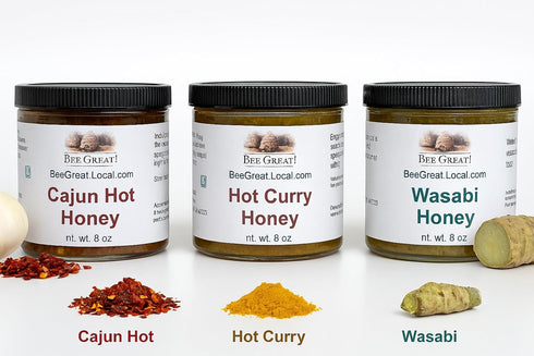 Bee Great Pack 38 oz Set Hot Honey Trio Variety Gift Box Cajun, Curry & Wasabi Sweet Heat from the Hive Small-Batch