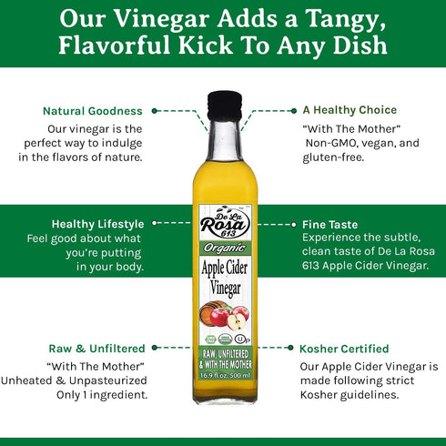 16.9 Oz (Pack 2) De La Rosa Organic Apple Cider Vinegar, Raw & Unfiltered, Kosher for Passover, Vegan & Gluten Free