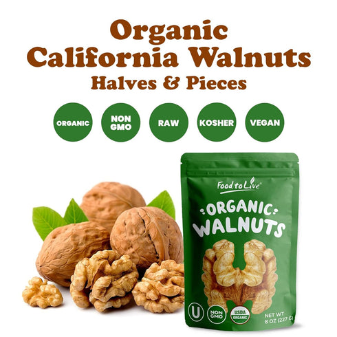 1 Omega-3 Organic California Walnuts Halves & Pieces, Pound Non-GMO, Raw, Unsalted, Shelled, Vegan, Kosher, Sirtfood