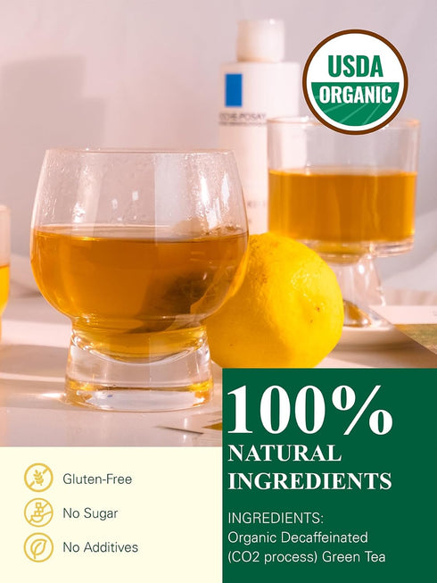 100 Count GLDNT Organic Decaf Green Tea Bags, Organic Green Tea Decaffeinated, Smooth Flavor, Super Antioxidant, Iced
