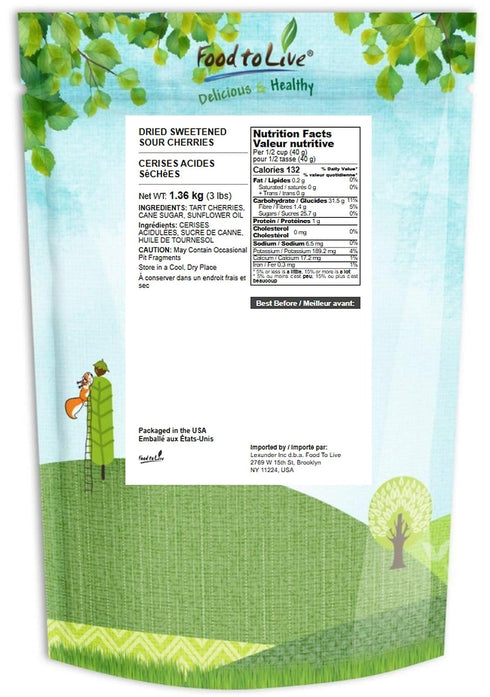 3 Food to Live - Dried Sour Cherries, Pounds Tart, Soft & Juicy Nature's Candy. Whole Fruit Snack. Lightly Sweetened