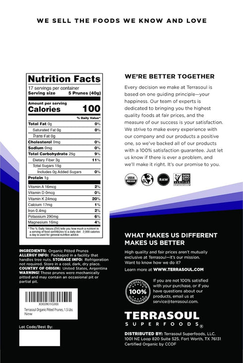 1.5 Lbs Terrasoul Superfoods Organic Dried Pitted Prunes, - Fiber | Vitamin K | Preservative Free