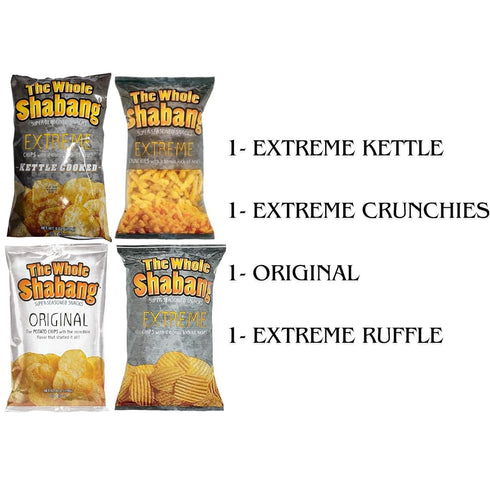 Generic Pack 4, 6 oz The Whole Shabang Potato Chips Variety of Extreme, Extreme Kettle, Extreme Crunchies, Original.