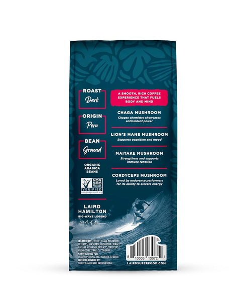 12 oz. Laird Superfood Peruvian Dark Roast Coffee with Functional Mushrooms, Certified Organic Peruvian Ground Coffee