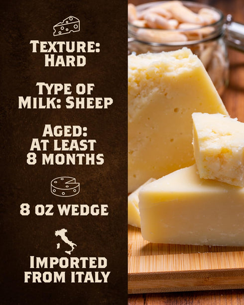 8 oz 8 Imported Italian Romano Pecorino Wedge - Hand Cut Pure Sheep's Milk Cheese Aged for Months - Sharp, Piquant