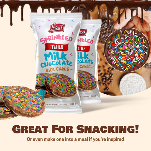 (pack 3) LIEBERS Sprinkled Topped Milk Chocolate Rice Cakes, Kosher Certified Dairy, Gluten Free Snack