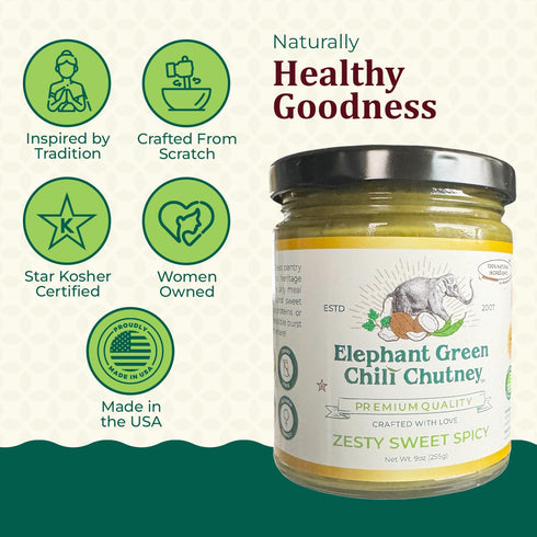 100% 9oz (Pack 1) Elephant Green Chili Chutney - Natural, Vegan & Gluten-Free - Bold & Tangy Green Chili Condiment