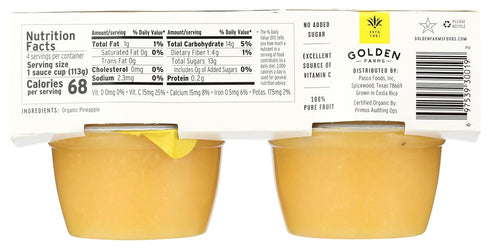 (Pack 4), 100% 4oz Golden Farms Pineapple Cups, Single Ingredient Healthy Snacks of Pure Fruit, No Added Sugar, Vegan