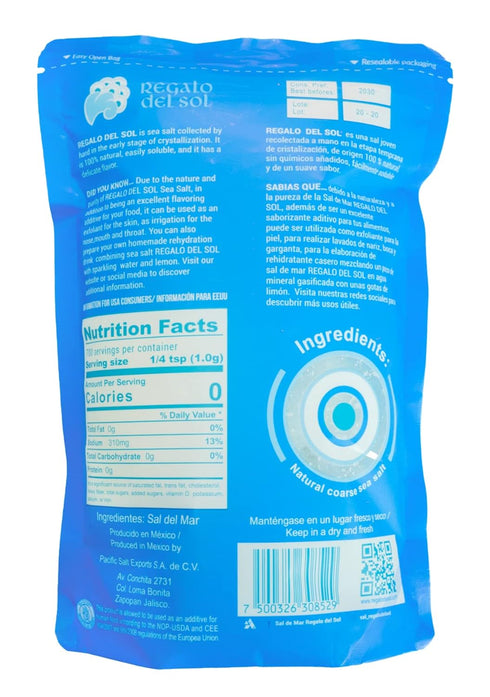Pack 3 24.7 oz Regalo del Sol Unrefined Sea Salt, Natural Gourmet Coarse Sea Salt for Cooking & Finishing, Mineral Rich