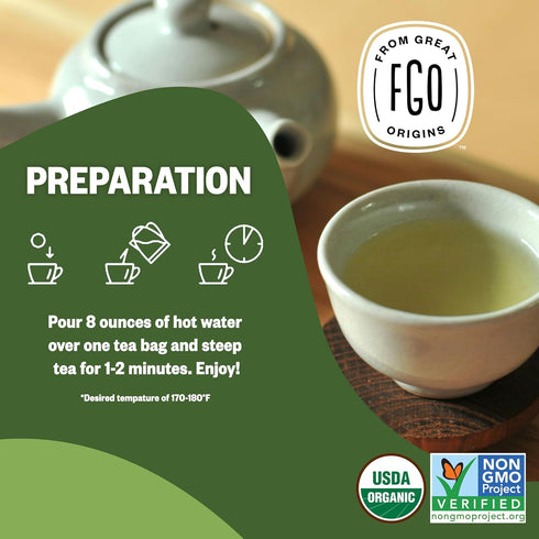 100 Count, Packaging (Pack 1) FGO Organic Japanese Matcha + Green Tea, Eco-Conscious Tea Bags, Resealable Bag, May Vary