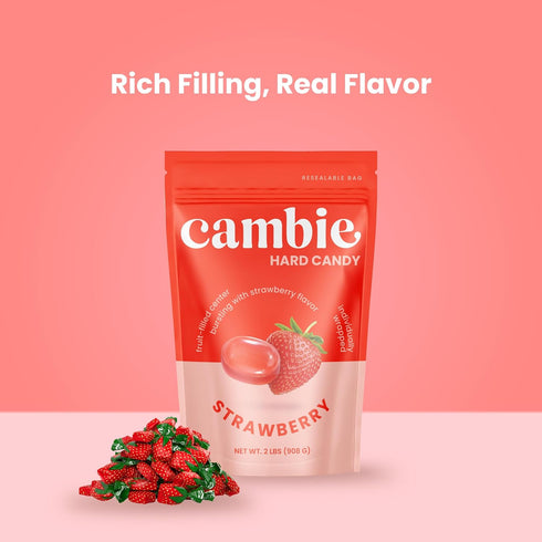 2 lbs Strawberry Hard Candy Individually Wrapped by Cambie, of Strawberry Candy with a Deliciously Sweet Hard Exterior