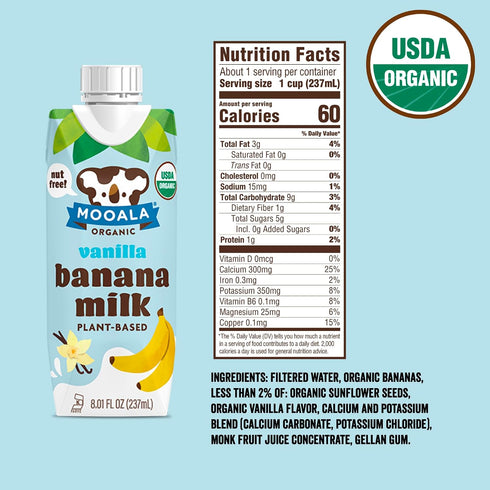 12 Pack Mooala - Organic Vanilla Bananamilk, Lunchbox Friendly, Shelf-Stable, Non-Dairy, Nut-Free, Plant-Based