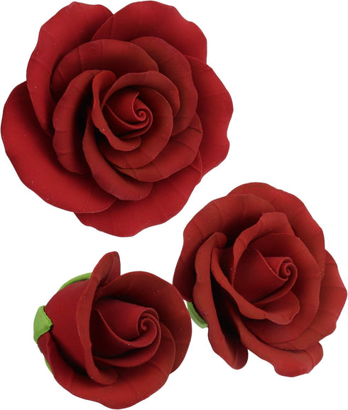 Set 6-3 O'Creme Deep Red Rose Gumpaste Flower - for Cake Decorating - Sugar Paste Decorations for Cakes, Cupcake
