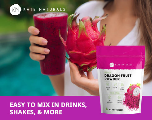 Kate Naturals 4oz Dragon Fruit Powder for Baking & Drinks, Vegan Gluten Free Dried Pink Pitaya Powder