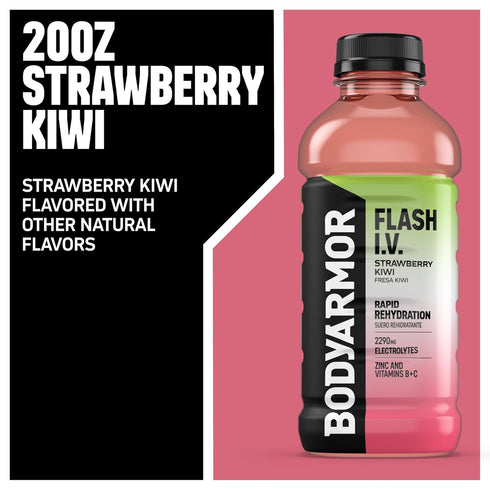20 Oz (Pack 12) BODYARMOR Flash I.V. Electrolyte Beverage, Strawberry Kiwi, Hydration Drink with Coconut Water