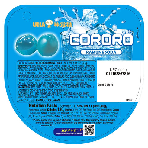 UHA 40g 6) Gummy Gummies CORORO (Ramune Soda / x Japanese Candy, (Juicy and Squishy/Made in Japan) kororo