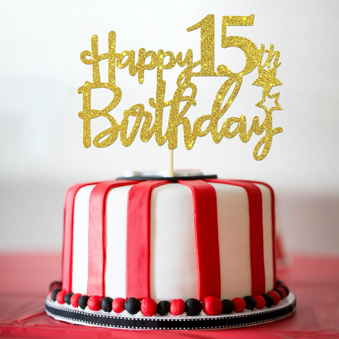 Gold Glitter 15th Birthday Cake Topper - Cheers to 15 Years Party Supplies - Happy 15th Birthday Decoration