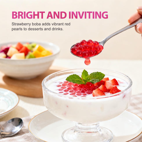 550g Frozen Soeos Strawberry Popping Boba, Bursting Boba Pearls for Bubble Tea, Yogurt, Desserts & Drinks