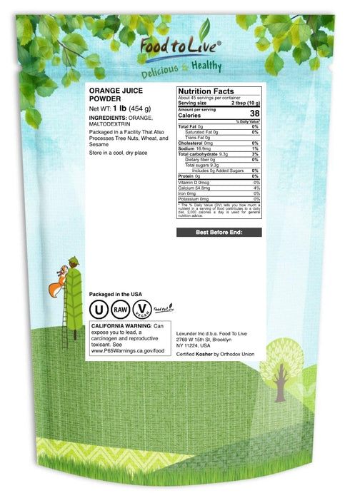 1 Food to Live Orange Juice Powder, Pound - Made from Raw Dried Citrus Fruit, Unsulfured, Vegan, Bulk, Great
