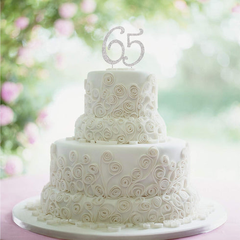 65 Years Birthday Cake Topper, Crystal Rhinestone 65th Wedding Anniversary or 65 Years Old Party Decoration Silver