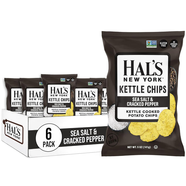 Hal's New York Kettle Cooked Potato Chips, Sea Salt & Cracked Pepper, 5 Oz (Pack