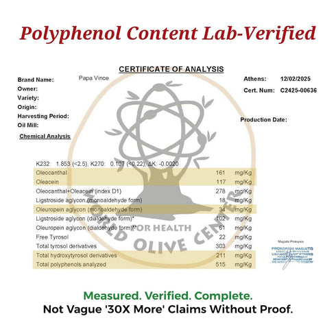 2024/25, Papa Vince Hydroxytyrosol Lab-Verified Olive Oil - Drinking EVOO, Fresh Taste, High in Polyphenols, First Cold