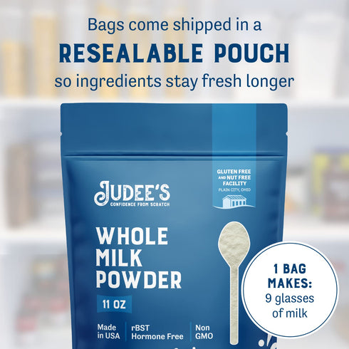 11 oz, Pack 1 Judee's Gluten Free Whole Milk Powder - Creamy Instant Milk Powder for Baking Pancakes & Bread