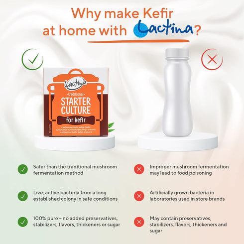 10 10 Lactina Kefir Starter Culture Powder Sachets, Makes Liters Probiotic Fermented Milk Drink, No Alcohol, Lactose