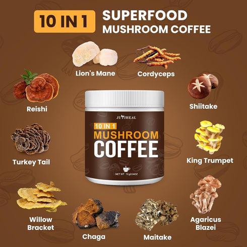 10 in1 72g JUYIHEAL Mushroom Coffee, Mushroom Powder Coffee with Lions Mane, Chaga, Reishi, Cordyceps, Maitake