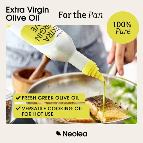 100% (500ml) Neolea Easy-Pour Extra Virgin Olive Oil For the Pan Mild & Mellow Made to Cook, Sizzle, Saut, Roast & Bake